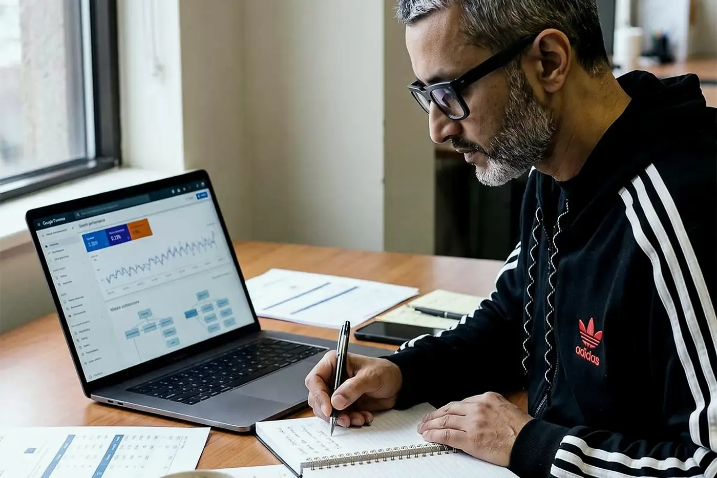 Vee Popat reviewing search performance and strategy notes at his laptop