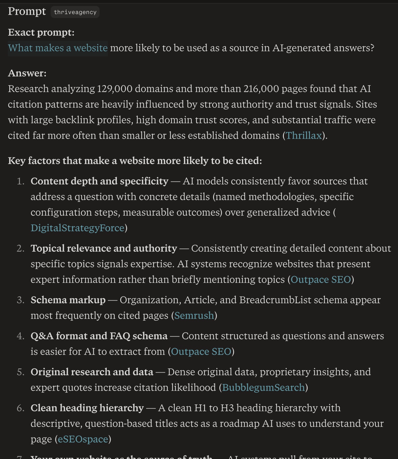 Preserved Perplexity record for Prompt 14, part one. The answer cites research across 129,000 domains and lists content depth, topical authority, schema markup, question-and-answer format, original research and clean heading hierarchy, each attributed to a named source.