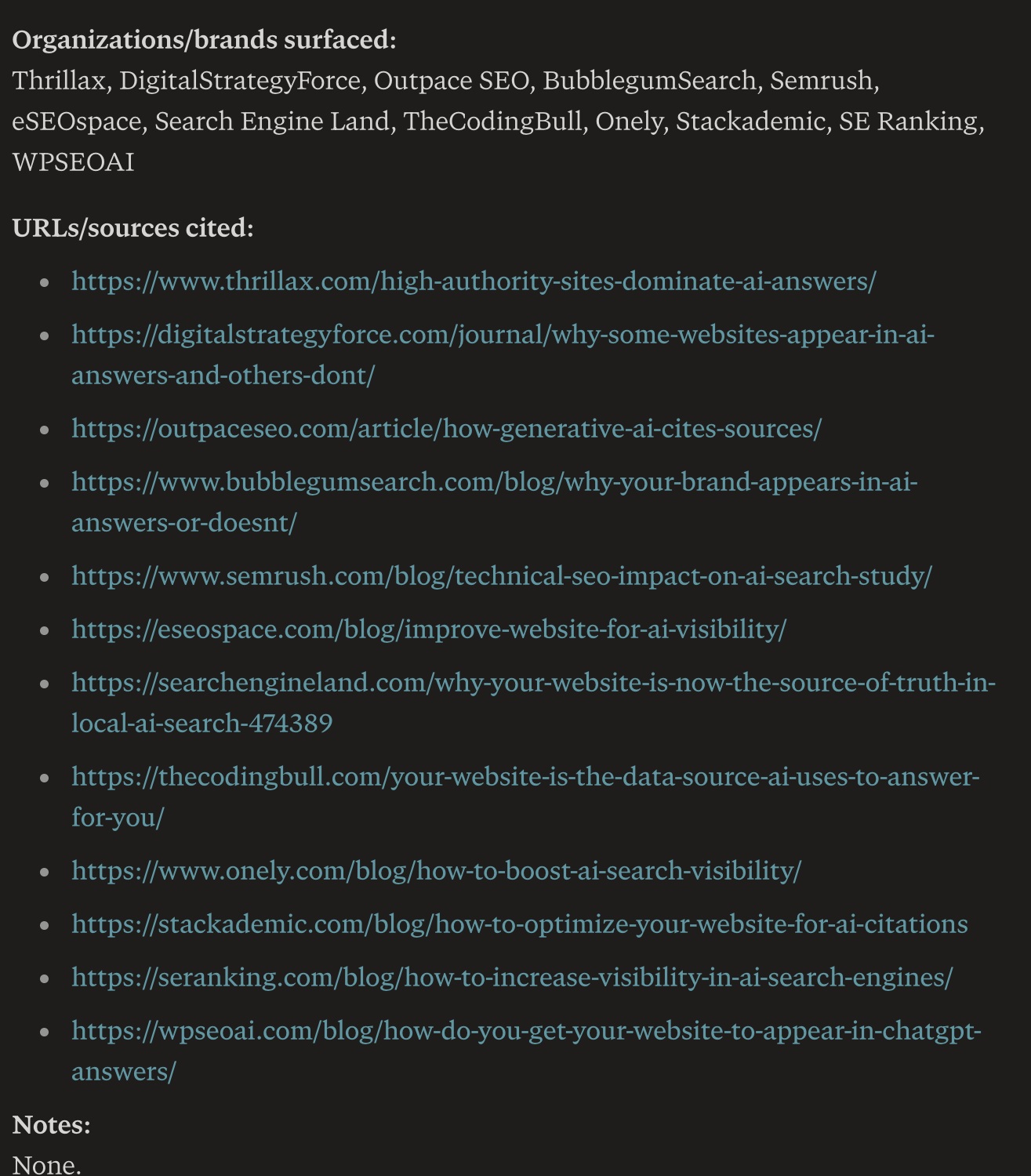 Preserved Perplexity record for Prompt 14, part two. It lists the organizations surfaced and twelve cited source URLs, including thrillax.com, digitalstrategyforce.com, semrush.com, searchengineland.com and seranking.com.